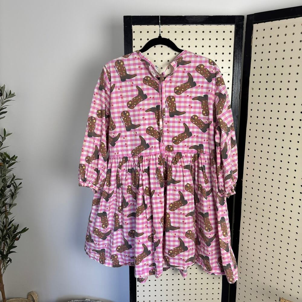 NWOT Megan Crosby Lila Cowboy Dress Pink Gingham Mini Puff-Sleeve Boot-Print - Picture 4 of 6